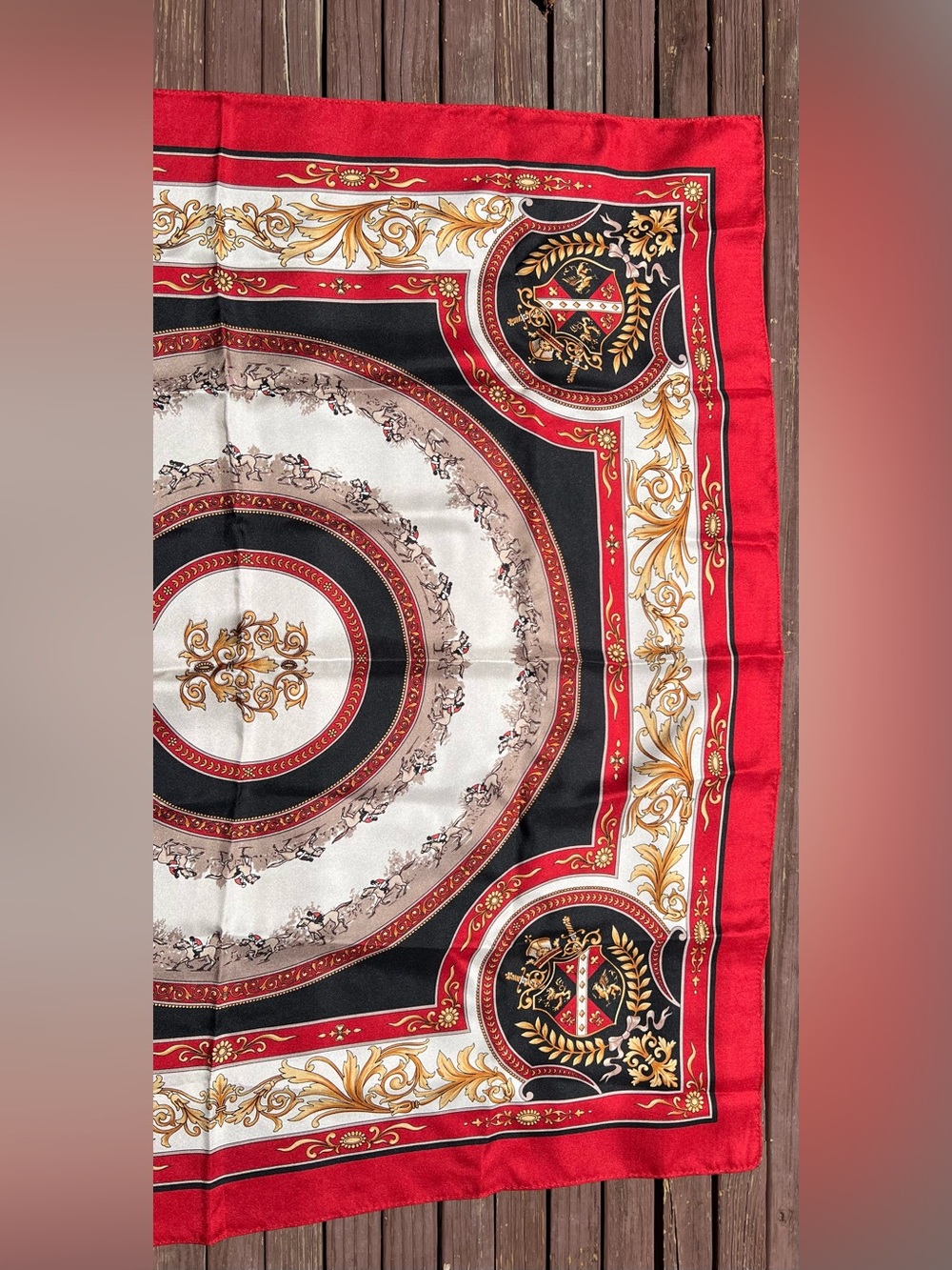 Talbots 100% Silk Equestrian Crest Scarf Red Black Gold 31” Square - Picture 8 of 12
